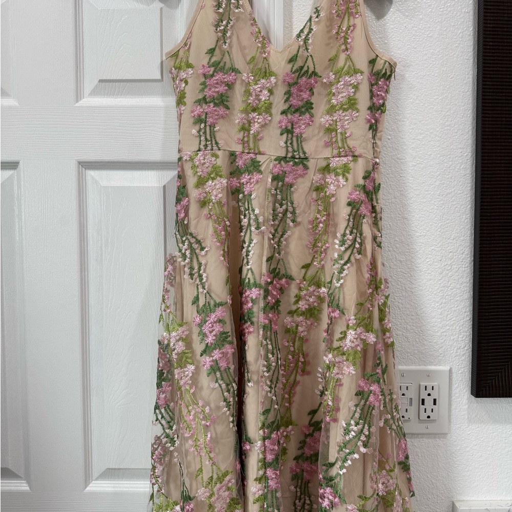 Embroidered Floral A-Line Dress in Blush with Pink & Green Accents